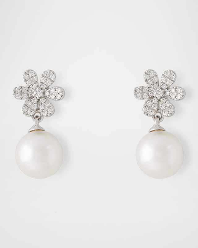 18K White Gold Diamond Flower and 8.5mm Akoya Pearl Drop Earrings